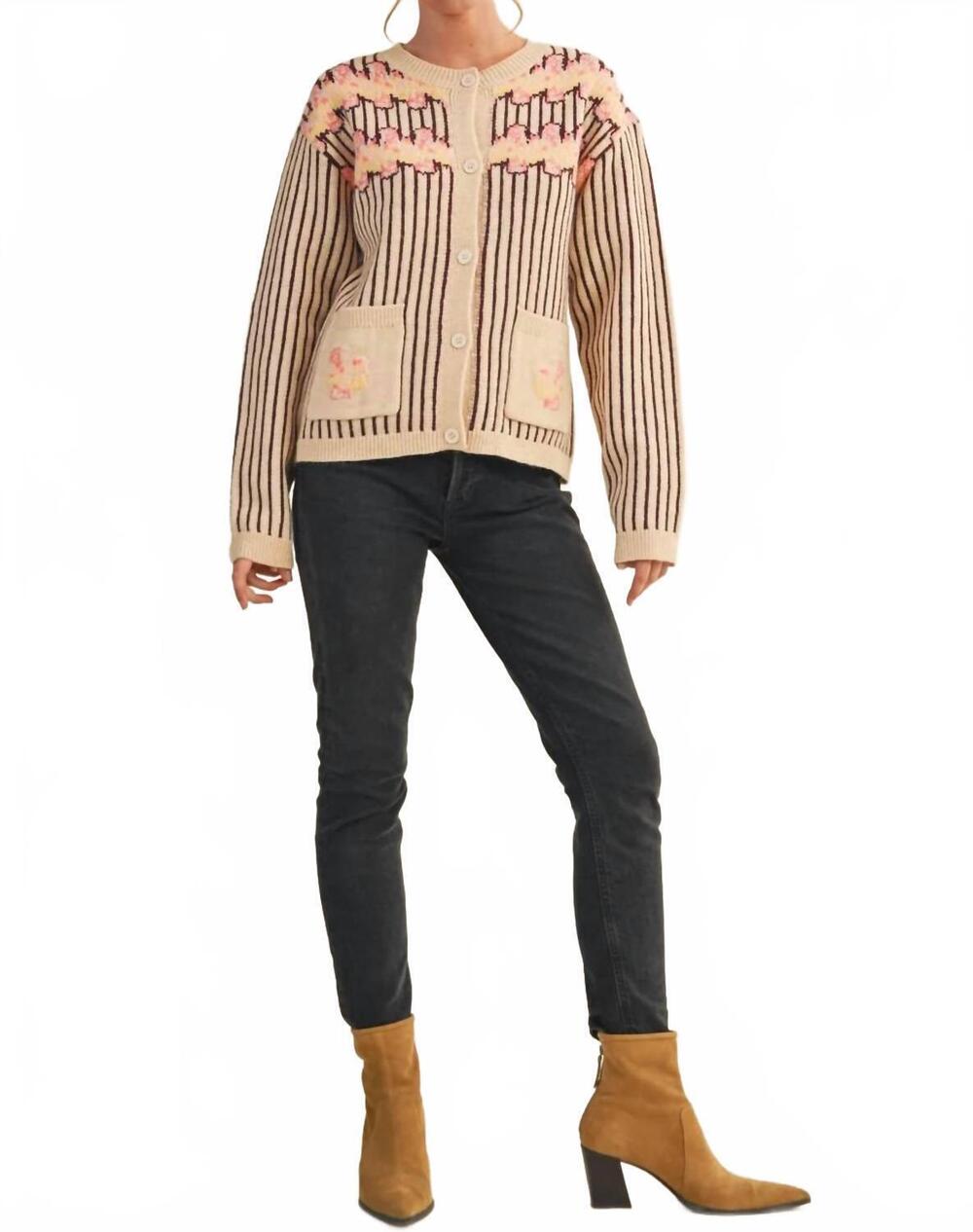 NEW &MERCI striped floral sweater cardigan in cream